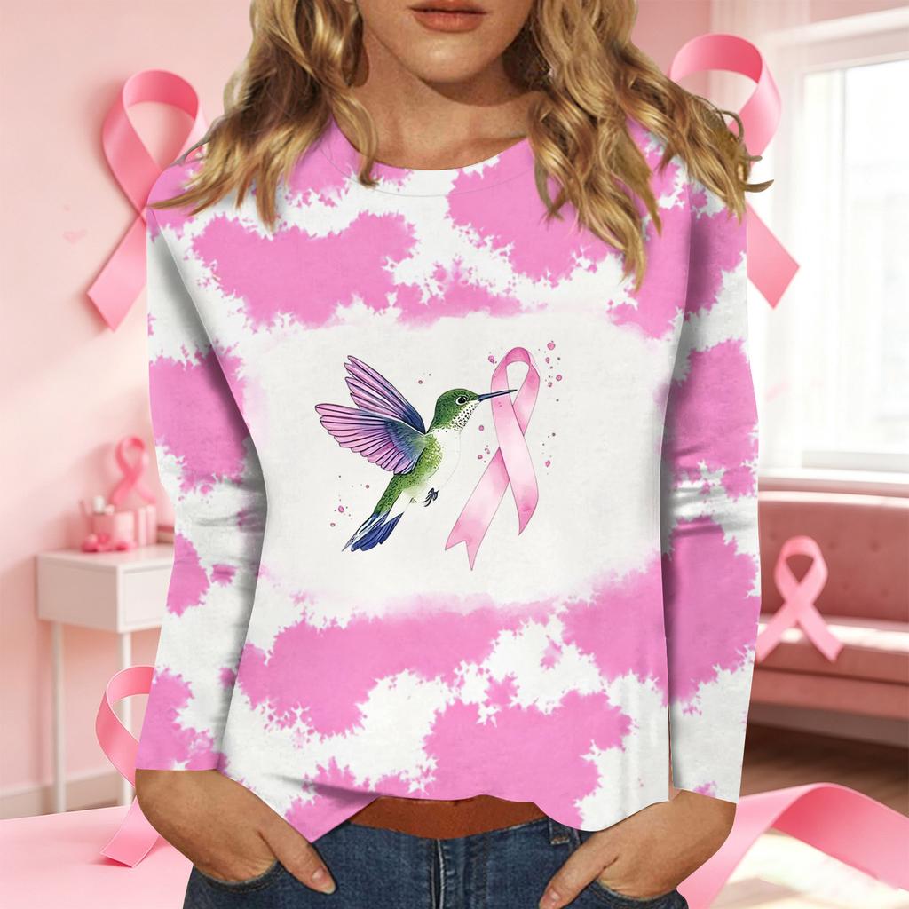 Women's Casual Long Sleeve T-Shirt with Ribbon Print Round Neck Top for Everyday Wear