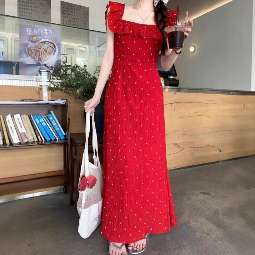 With inner, polka dot red suspender, small flying sleeve dress, women's summer new seaside vacation casual dress