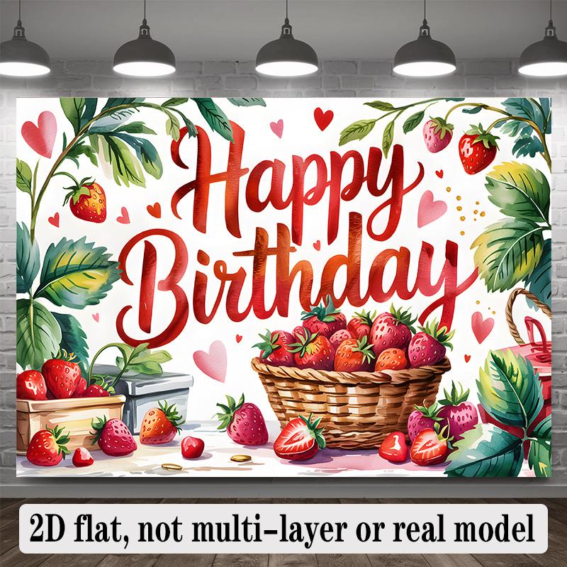 Happy Birthday Strawberry Theme, 1pc Polyester Party Backdrop Banner, Photo Booth Background, Wall Decor