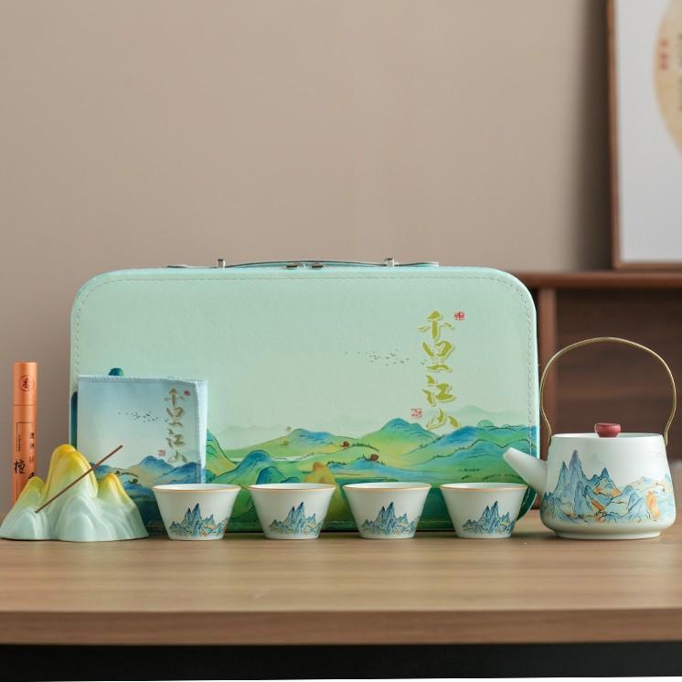 Company annual meeting gifts thousands of miles of Jiangshan Ru kiln travel tea set teapot souvenir portable Kung Fu Kuaike cup