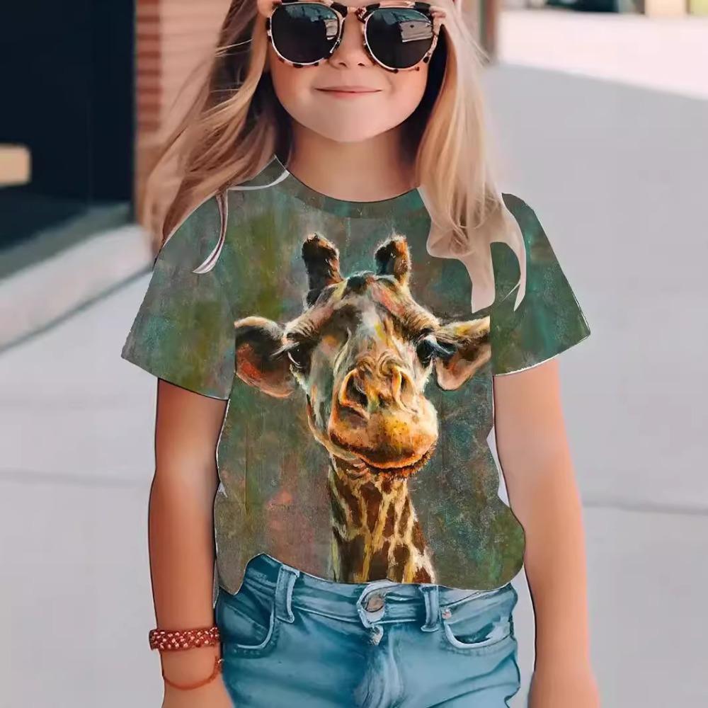

New summer girls short-sleeved T-shirt animal 3D digital printing trend casual loose tops 160cm