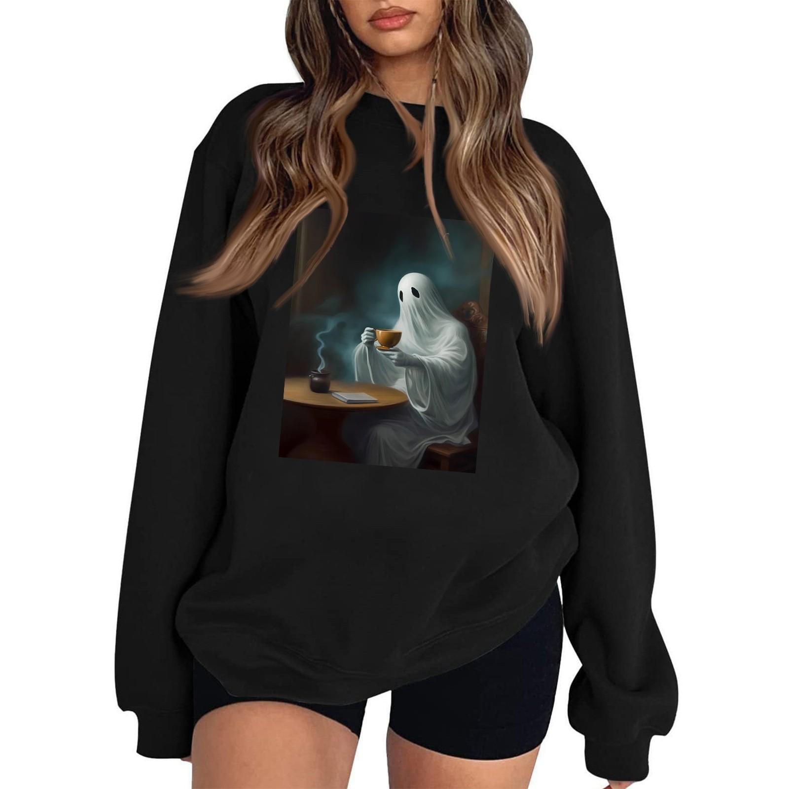 

Женские повседневные модные толстовки с длинным рукавом и круглым вырезом с принтом Хэллоуина, пуловер, топ XL белый