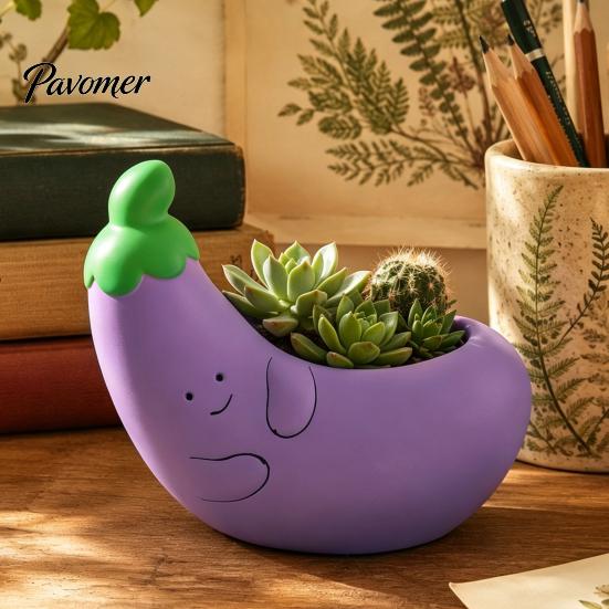 Mini Indoor Plant Pot Cute Eggplant Planter, Resin Small Flower Pot, Funny Purple Vegetable Desktop Decorative Ornament Shape Cactus Container