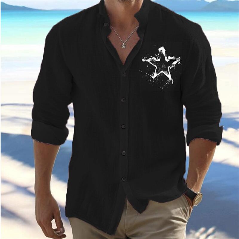 Zomer Mannen Linnen Shirt Omklapbaar Strandshirt Lange Mouwen Effen Kleur Hawaïaans Roze Patroon Collectie