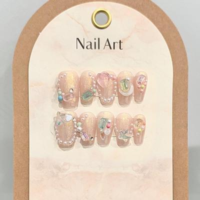 HANDMADE Artificial Nail Pearl Crystal Cute Girly Heart Fake Nail Set With Glue Reusable and Removable Press On Nails