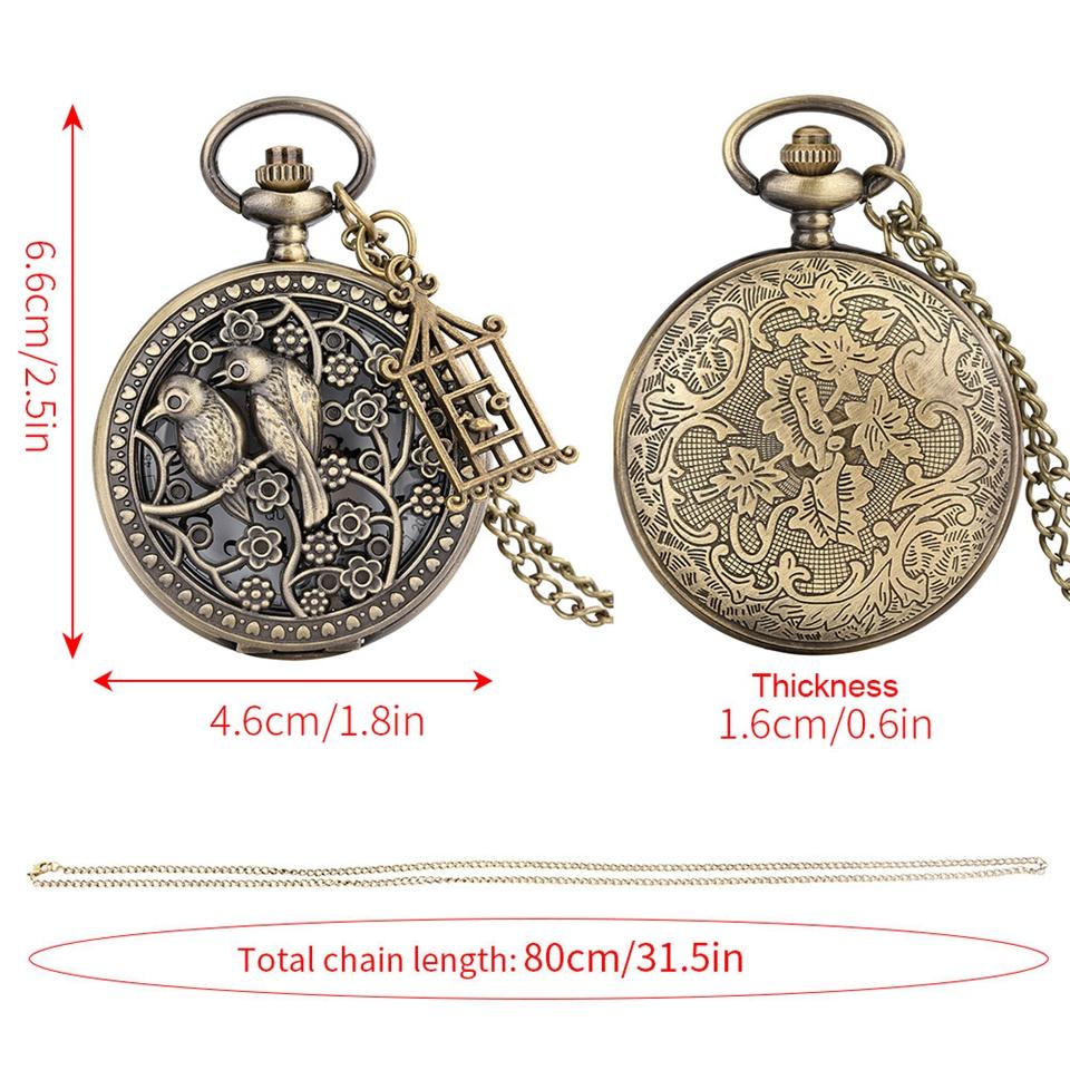 Two Little Birds Retro Style Quartz Pocket Watch Chain Steampunk Necklace Pendant Fob Watch Animal Clock with Birdcage Accessory
