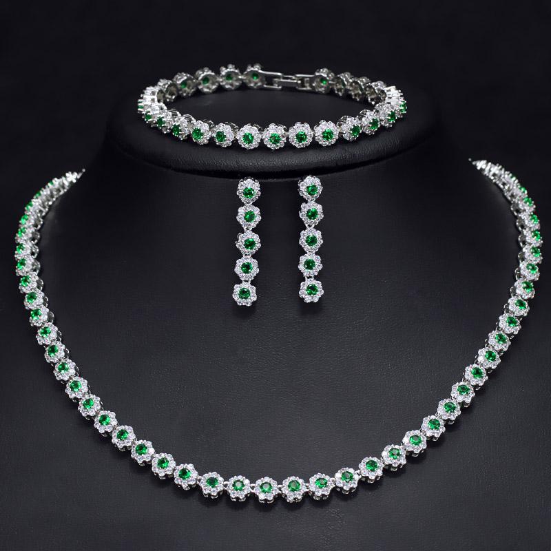 Zircons 3 Pcs CZ Green Crystal Bracelet Necklace and Earrings Sets Luxury Women Wedding Accessories Bride Jewelry Set T030
