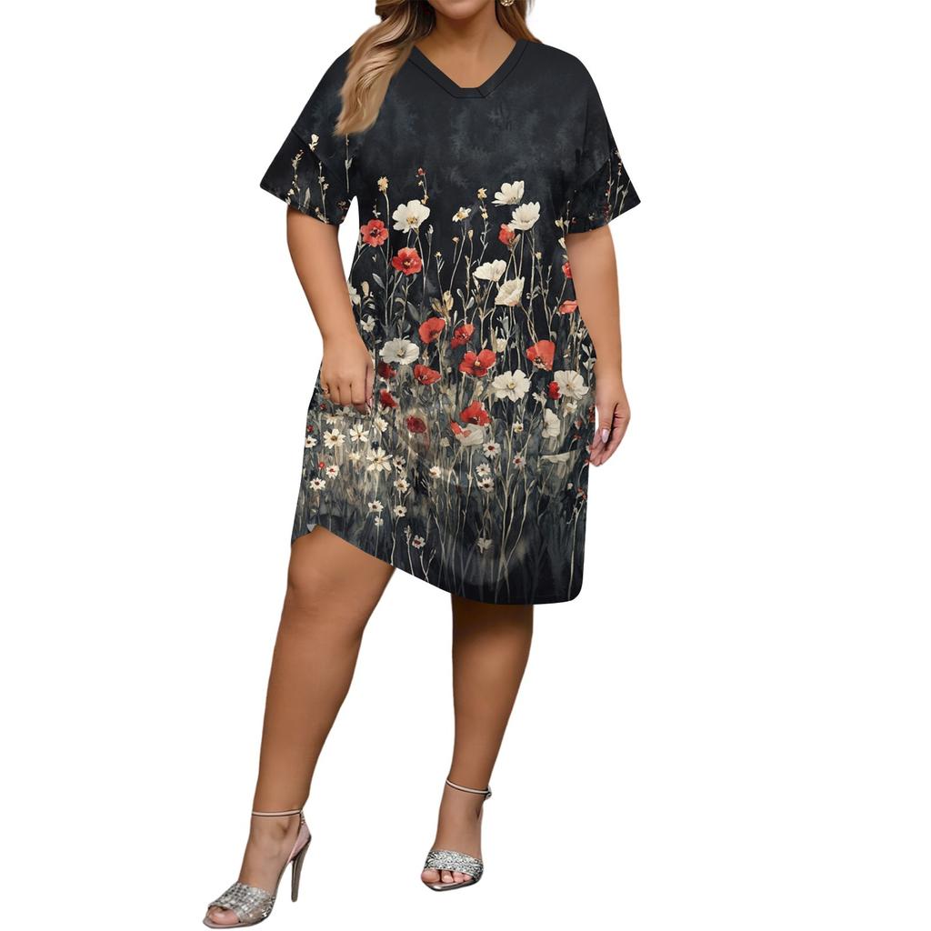 Summer Plus Size V Neck Short Sleeve Knee Pocket  Print Casual Dress For Women
