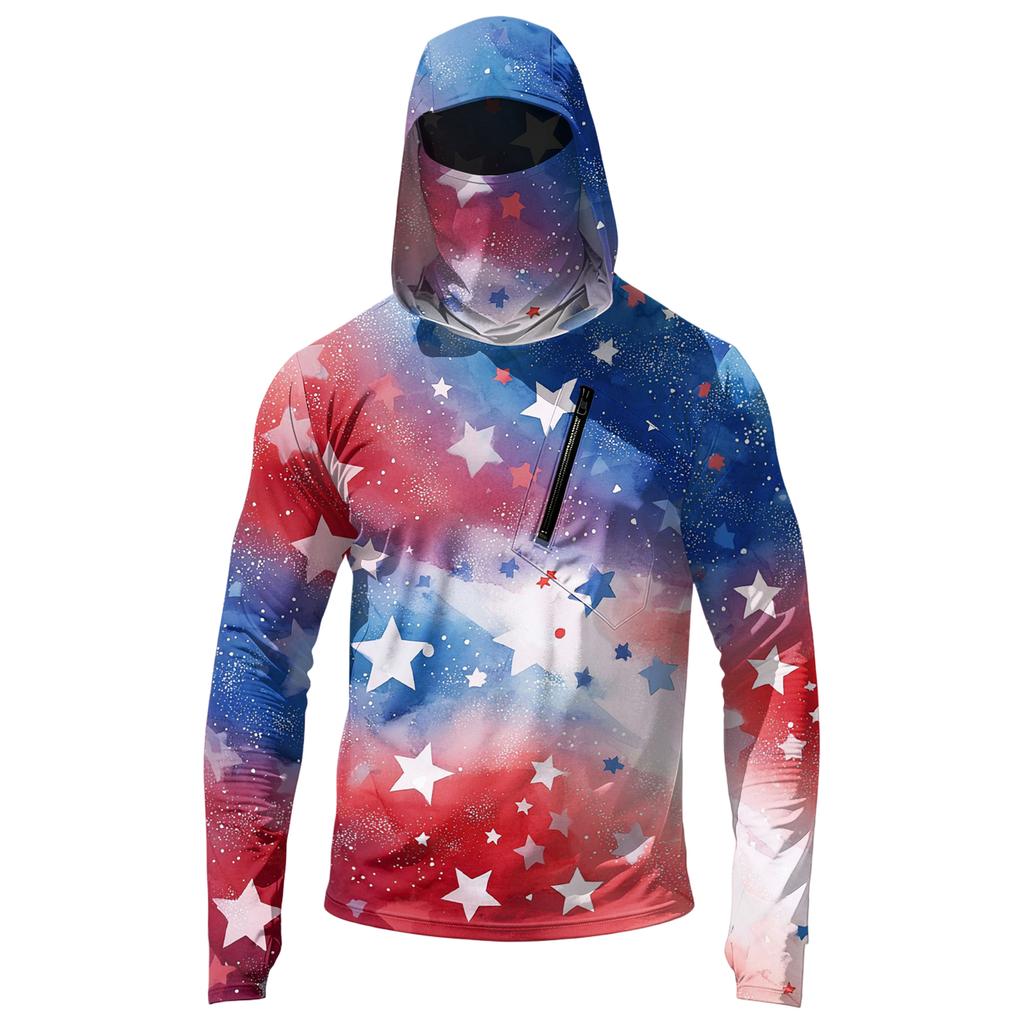 Men's Casual Hooded Long Sleeve Sun Protection Top with Independence Day Print Star Pattern Pullover Lightweight Shirt