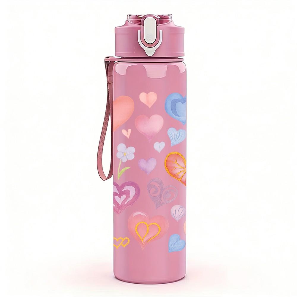 1PC Mixed Pastel Heart Love Pattern Print 750ml Color Plastic Sports Water Bottle Leakproof Flip Straw Lid Suitable for Sports Office Home Use