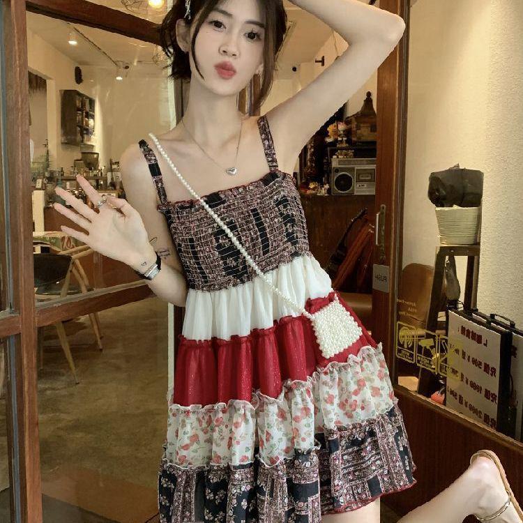 2026 Retro Floral Chiffon Sling Dress for Petite Women S