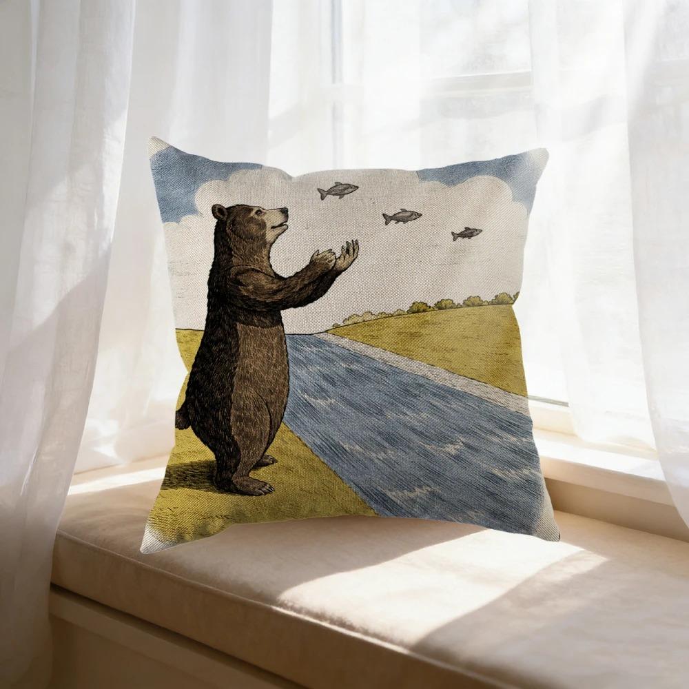 Vintage Bear Catching Fish Pillowcase Artistic Animal Throw Pillow Cover Peach Skin Decorative Cushion Case For Sofa Living Room