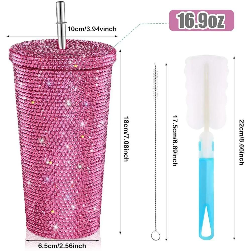 750ml Reusable Straw Cup Double Layer Thermos Cups Women Glitter Cup Water Bottle Gift With Lid Rhinestone Stainless Steel
