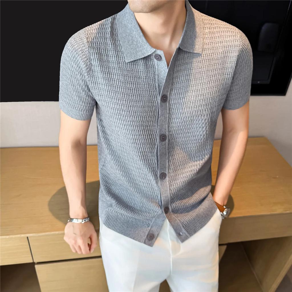 Sommer Herren Strick Poloshirts Kurzarm Smart Casual Leicht Turn-Down-Kragen Leinen Strick Cardigan Herren Atmungsaktive Polos