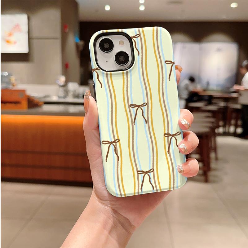 Dainty Pastel Cream Yellow Blue Brown Striped Bow Pattern Art Film Aesthetic Protective Shockproof Bumper Phone Case For iPhone 14 15 16 Pro Max Plus