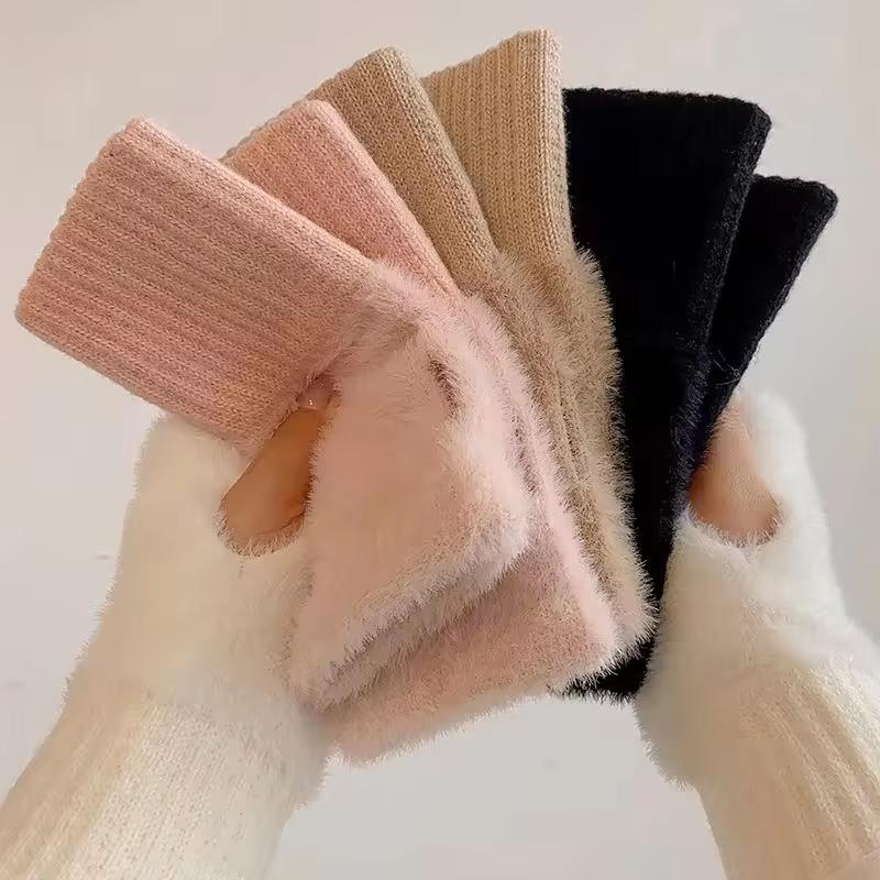 Nouveaux Gants Demi-Doigts en Polaire Vison pour Femmes Douceur Hivernale Chaleur Luxe Couleur Unie Peluche Tricotés Sans Doigts