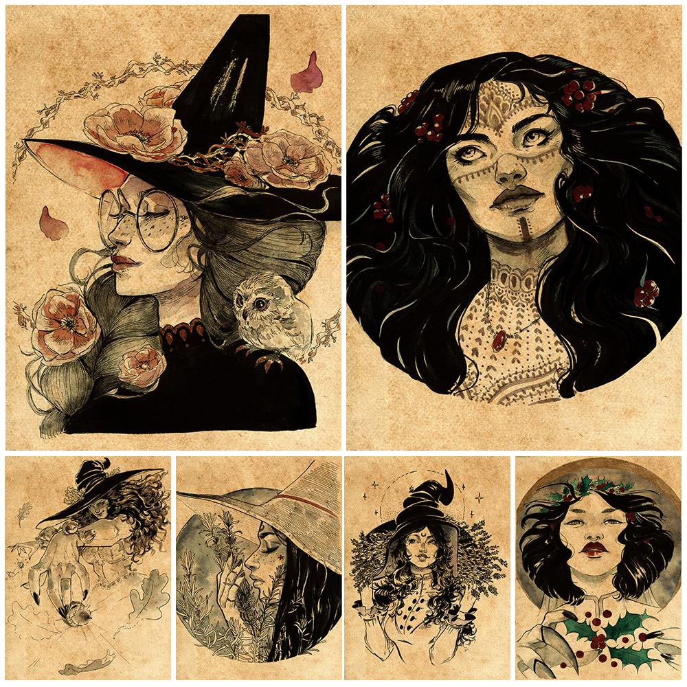 

Цыганская ведьма и средневековая зеленая цветочная ведьма, настенная живопись на холсте, домашний декор