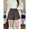 Women's High-Waisted Brown Leather Shorts - Retro, Slimming, Versatile Casual Wear for Autumn and Winter.