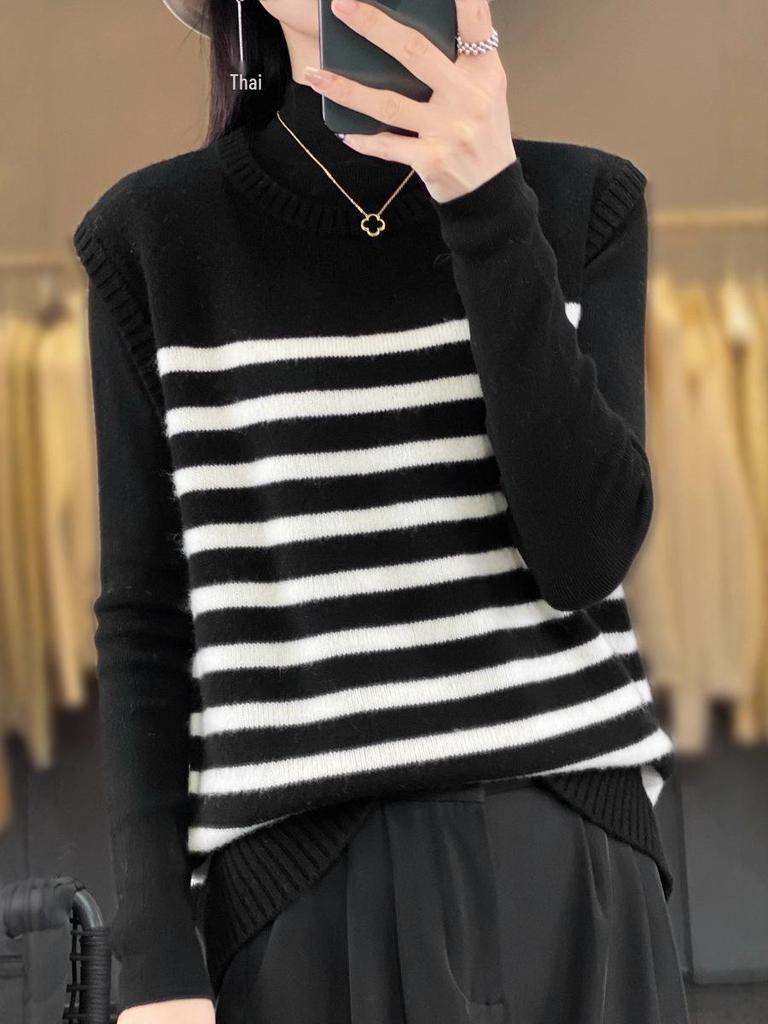 Women's Colorful Striped Knit Vest - Autumn/Winter Loose Fit, Elegant & Versatile Fashion.