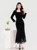 Autumn Elegant Velvet Dress with Square Neck and Lace Trim