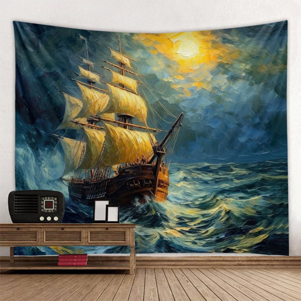 Ozean Ölgemälde Wandteppich Retro Piratenschiff Wandbehang, Hippie Heimdekoration Wandbild, Wohnzimmer und Schlafzimmer Kunstdekoration