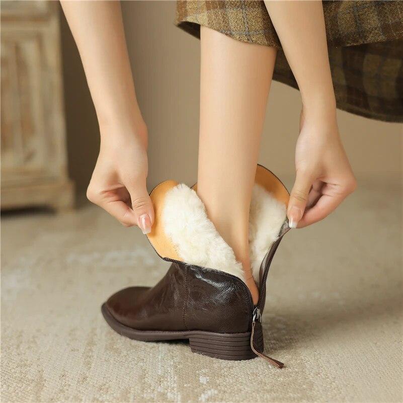 Meotina Botas femininas de couro legítimo cano curto bico redondo salto baixo zíper lã botas de cowgirl ocidental sapatos femininos moda inverno 42