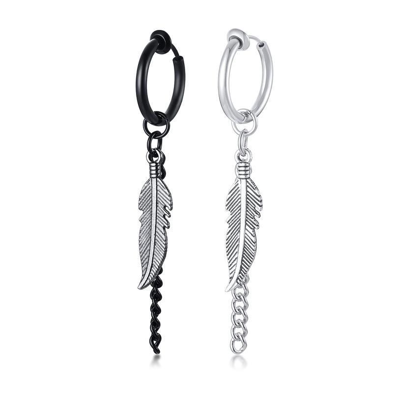 Vnox 1 Piece/Pair Feather Leaf Dangle Earrings for Women Men Jewelry,Stainless Steel Link Chain Drop Punk Ear Clip Accessory