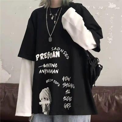 Camiseta con estampado de letras negras, camisetas punk holgadas para mujer, camisetas de calle de otoño, divertidas camisetas de manga larga, ropa de calle para chica
