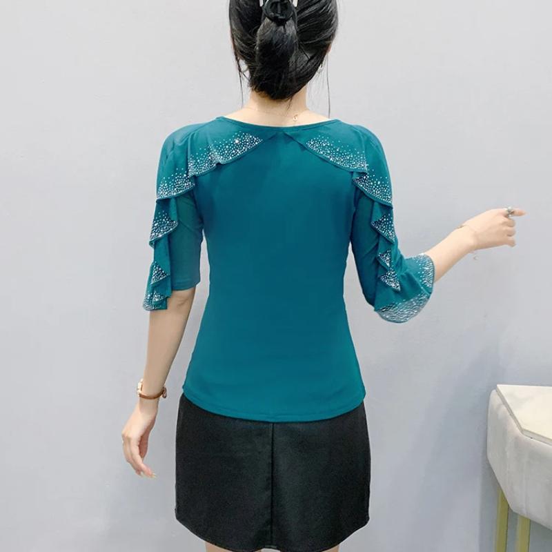 New Summer Streetwear Girl Chic Ruffled Hot Diamonds T-Shirt Clothes Fashion V-Neck Half Sleeved Mesh Tops Women's Tees Blusas