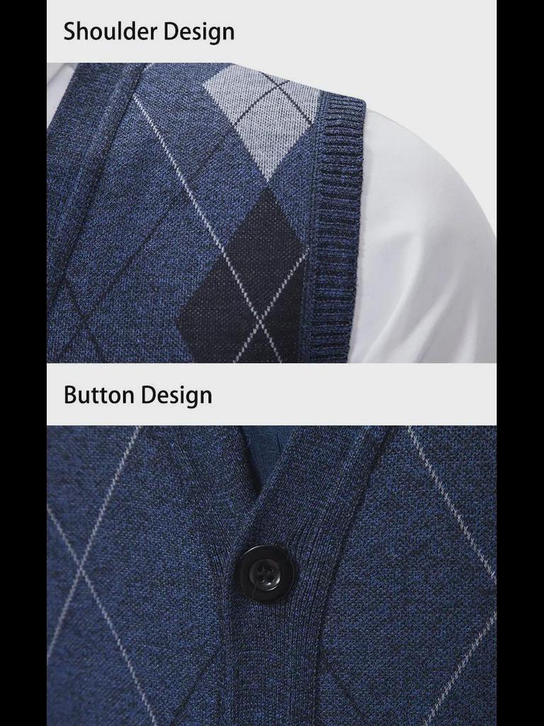 Męska dzianinowa kamizelka swetrowa Slim-Fit z dekoltem w serek w romby - Bez rękawów, moda Business Casual na jesień i zimę.