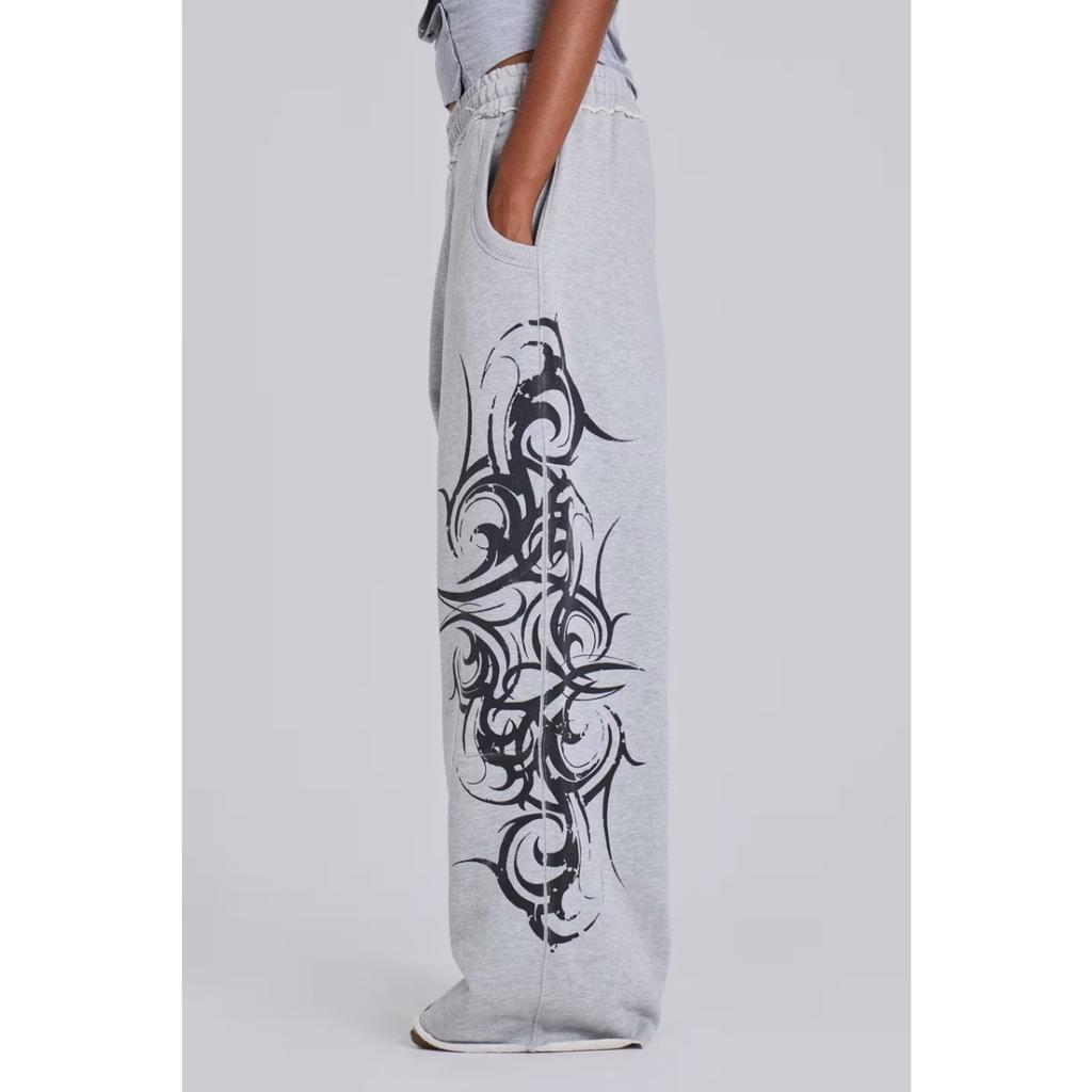 Gray Vintage Graphic Print Pants Wide Leg American Style Jogging Loose Sweatpants Harajuku Hip Hop Streetwear New