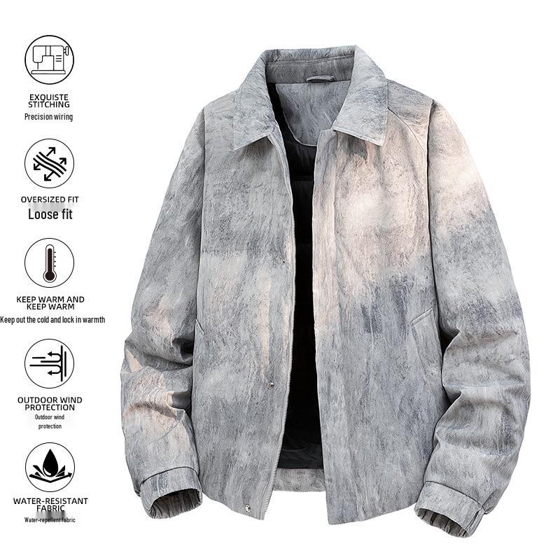 Men's Retro Leather Down Jacket with Lapel - Loose Fit, Solid Color, Plus Size, Trendy Style