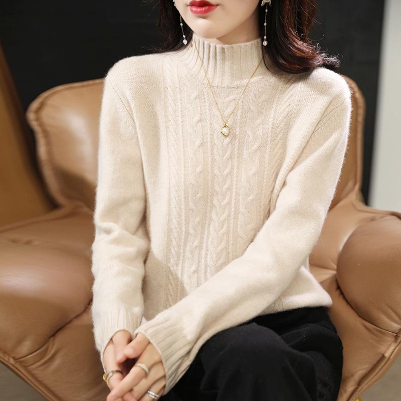 Women's Cable Knit Wool Sweater - High Neck, Thick, Long Sleeve, Autumn/Winter