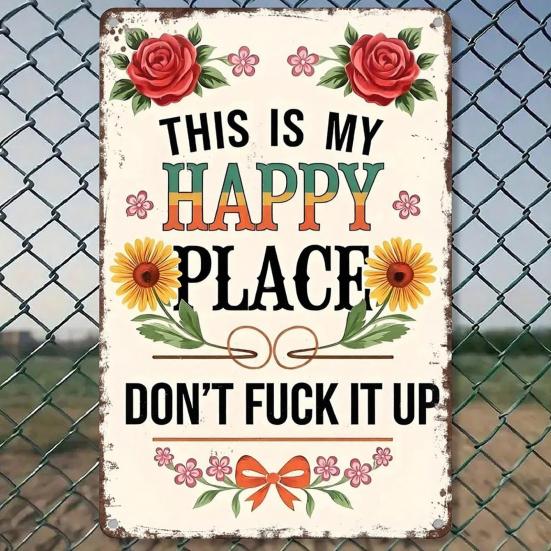 Yousheng This Is My Happy Place Metal Sign Vintage Floral Garden Wall Decor Rustic Hanging Plaque for Outdoor Garden Patio Garage