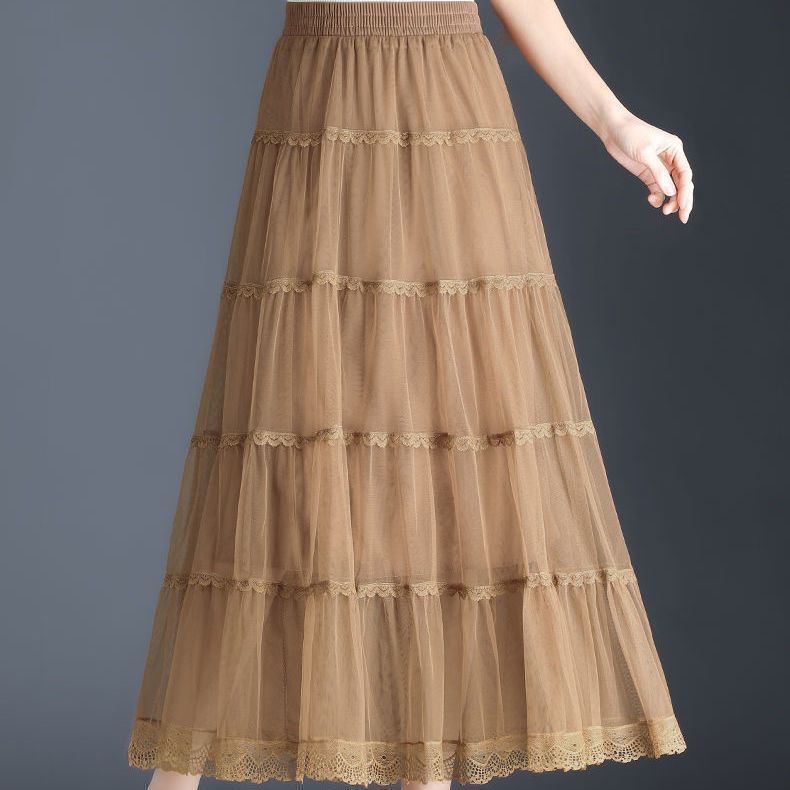 Mesh Half Skirt Autumn Half Skirt Lace Lace Long Skirt A-line Pleated Cake Skirt