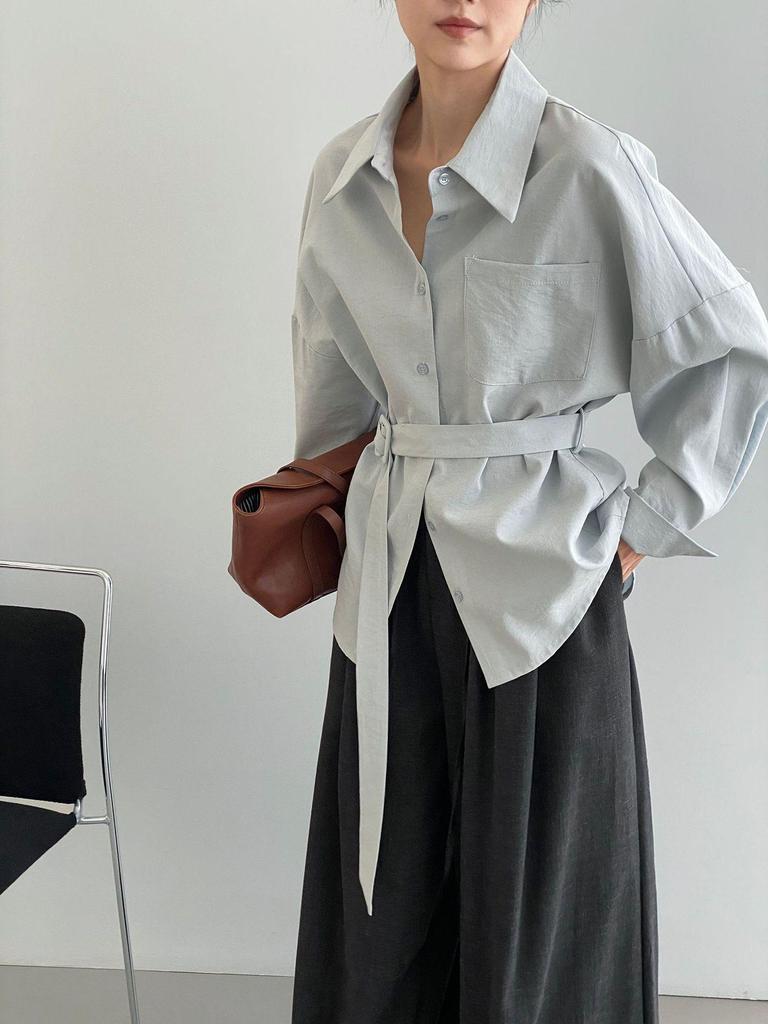 Versatile Women's Elegant Waist-Cinching Solid Color Lapel Shirt 5079