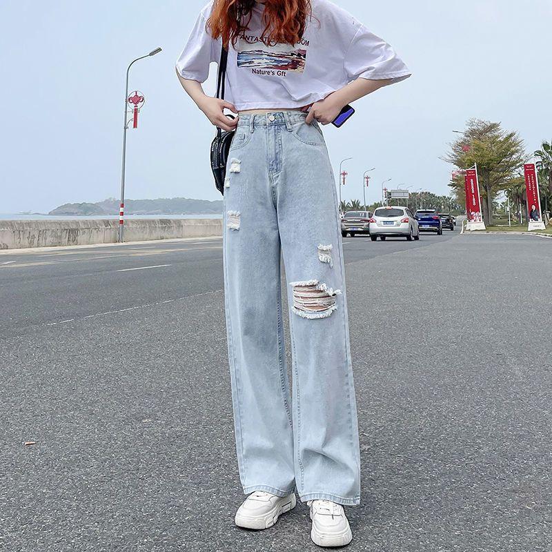 Summer High Waist Ripped Straight Jeans Women Loose Fit Thin Stretchy Wide Leg Comfort Trendy Pants