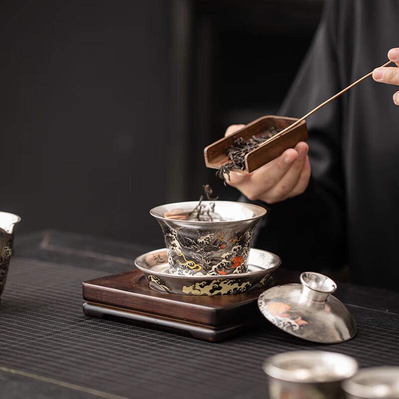 SUSHI CERAMICS Gilt Silver Ink Dragon Sancai Gaiwan Tea Set