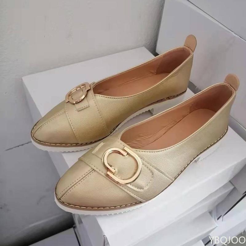 Flat Bottomed Low Top Women's Shoes European American Size Pointed Metal Buckle Design Shallow Mouth Sleeve Foot Women's Single