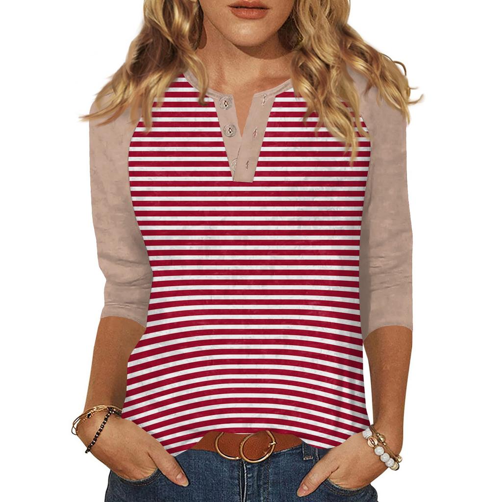 Women's T Shirt Print Button 3/4 Sleeve Daily Weekend Fashion Basic V- Neck Regular Top