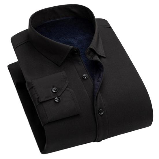 Erkekler Sonbahar Kış Iş Gömlek Yaka Uzun Kollu Tek Göğüslü Resmi Gömlek Slim Fit Düz Renk Kalın Polar Astar Gömlek Tops
