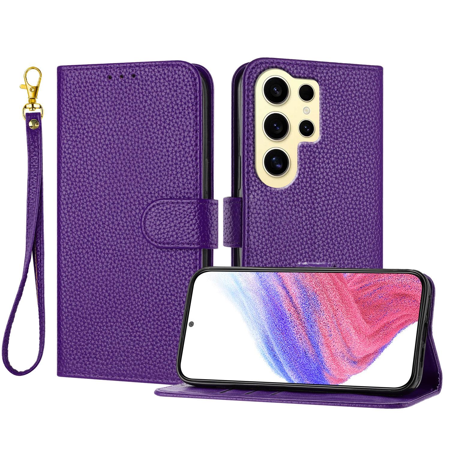 

For Samsung Galaxy S24 Ultra Leather Case Litchi Texture Wallet Stand Anti Drop Phone Cover with Wrist Strap F