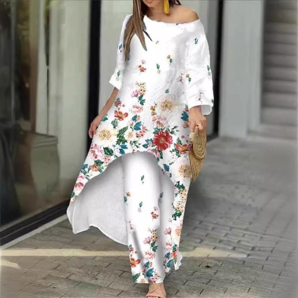 2025 Women's Casual Loose Print Nine-Sleeve Sun Protection Shirt & Wide-Leg Pants Set