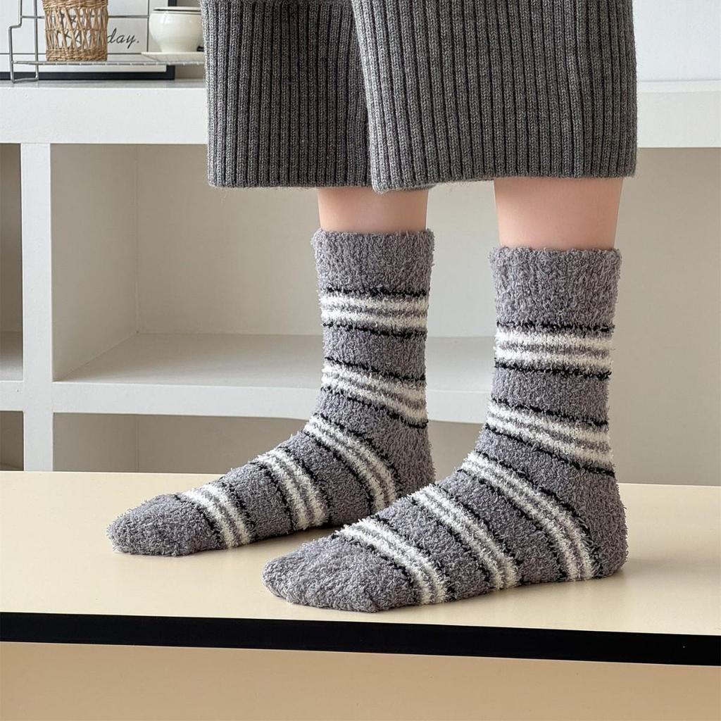 Non-Shedding Ladies Coral Fleece Striped Sleep Socks - Soft Home Slipper Socks