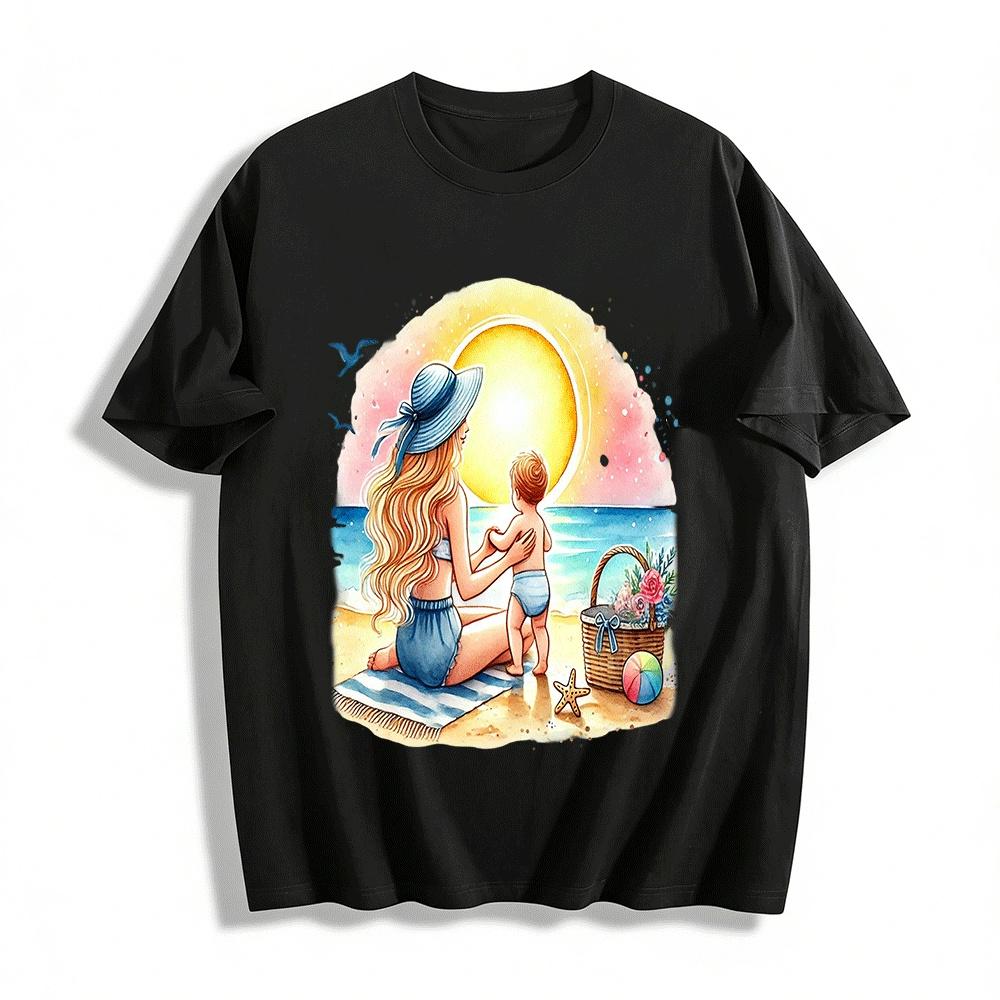 

Sunset Beach Mom And Baby Graphic Casual Tee Pure cotton T-shirt XXS