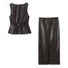 2026 Spring Leather Effect Belted Top & High-Waisted Slim Midi Skirt Set
