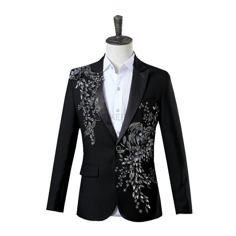 Eleganter, mit Applikationen verzierter Herrenanzug im Slim Fit, 2-teiliger formeller Smoking, Blazer, Hose mit Fliege für den Hochzeitsball