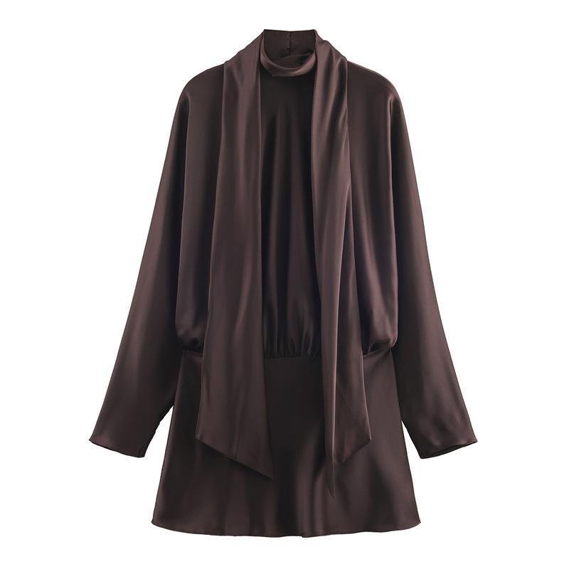 2026 Summer Satin Dress Women Blouse Dress Long Sleeve Casual Lace Up Party Mini Dress For Party Ladies Sexy Short Vestidos