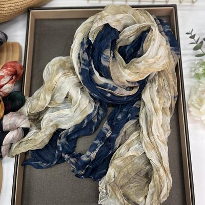 Scarf Gradual Change Blue Autumn And Winter Tie-Dye Retro Versatile Thin Women'S Long Pleated Shawl Versatile Decoration