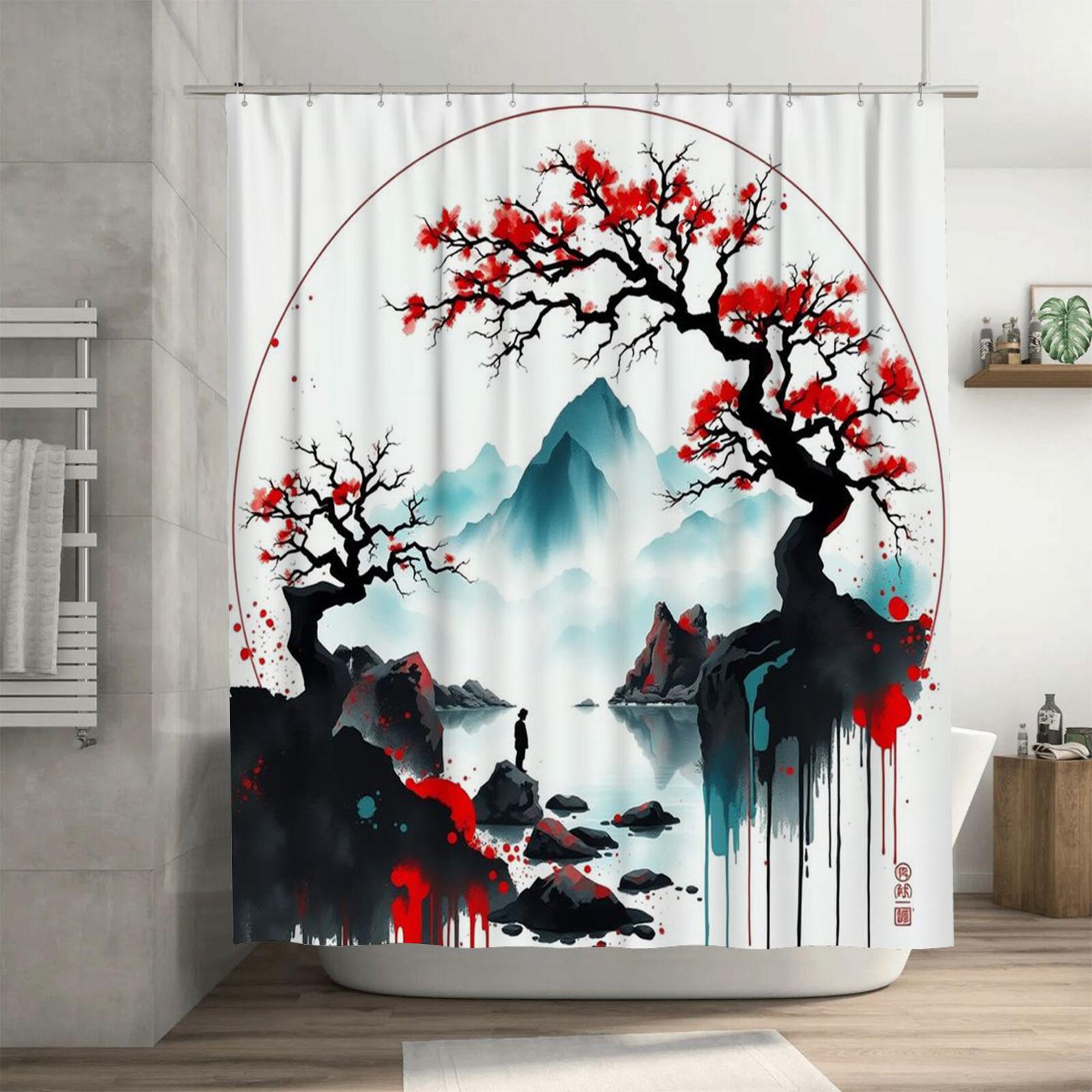 

Waterproof Shower Curtain with Red Tree and Mountain Landscape - Modern Bathroom Decor 90X180cm(35x70in)